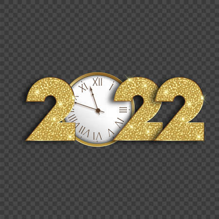 Happy New 2022 Year card with golden text and clock on transparent background. Vector illustrationのイラスト素材