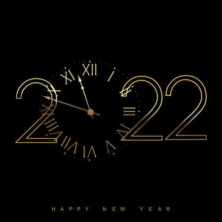 Happy 2022 New Year card with golden watch and numbers on black background. Vectorのイラスト素材