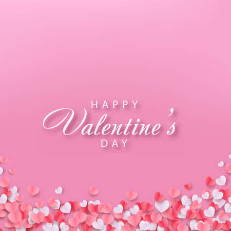 Happy Valentines Day card with falling colorful hearts. Vector.のイラスト素材