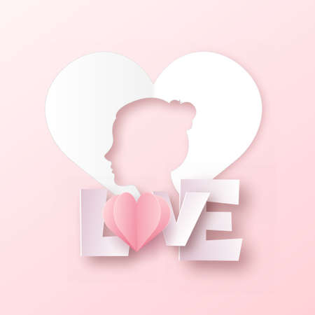 Concept of Valentines day card with paper cut of woman face and heart. Vector illustration.のイラスト素材