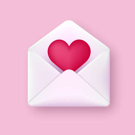 3d white cartoon style envelope with red heart. vector illustrationのイラスト素材
