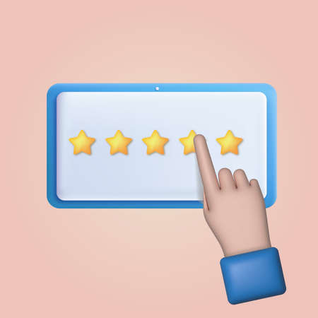 3d cartoon hand pointing to five star rating. Vectorのイラスト素材
