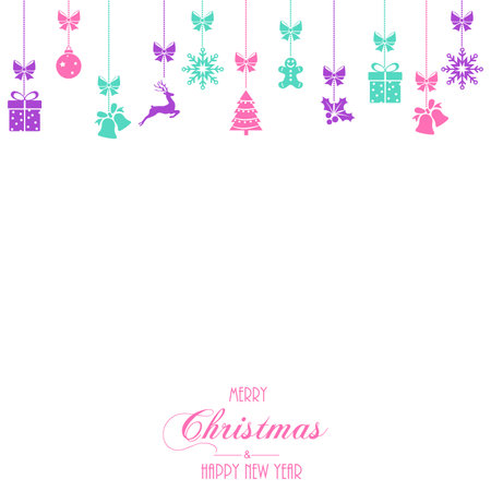 Happy New Year and Merry Christmas banner with hanging red Xmas ornaments. vector illustrationのイラスト素材
