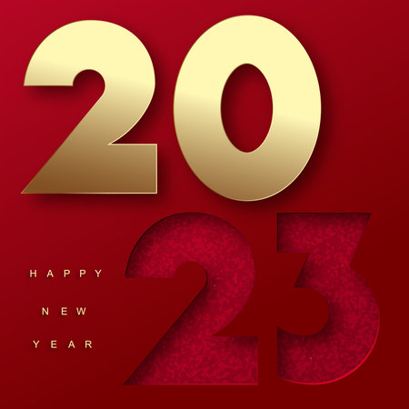 2023 Happy New Year with golden and red text. vector illustration