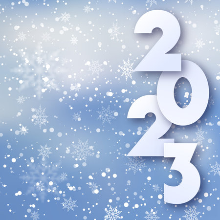 2023 Happy New Year and Christmas card with falling snowflakes and 2023 text. vector illustration