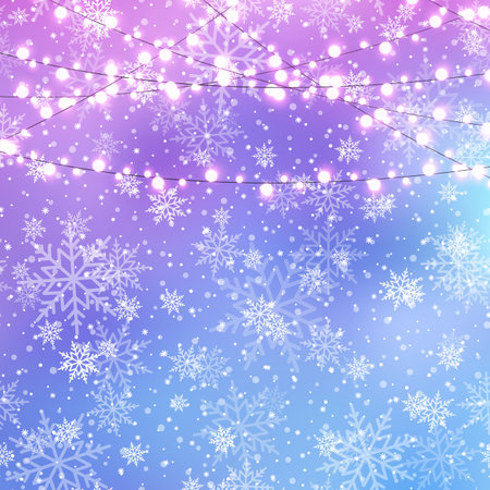 Winter snowfall and snowflakes on light blue background. Xmas and New Year background. vector illustrationのイラスト素材