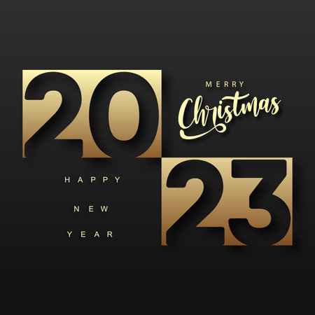 2023 Happy New Year and Merry Christmas card with golden text. vector illustration