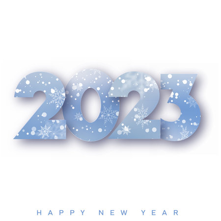 2023 Happy New Year and Christmas card with falling snowflakes and 2023 text. vector illustration