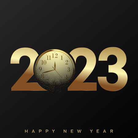 2023 Happy New Year and Merry Christmas card with golden watch. Vector