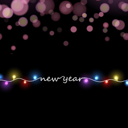 Happy New Year and Merry Christmas card with Xmas lights. Vectorのイラスト素材
