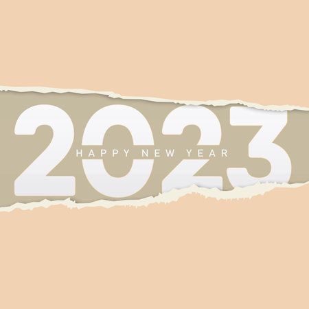 2023 Happy New Year greeting card with torn paper. vector illustration
