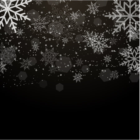 Christmas and Happy New Year background with falling snowflakes on black. vector illustrationのイラスト素材