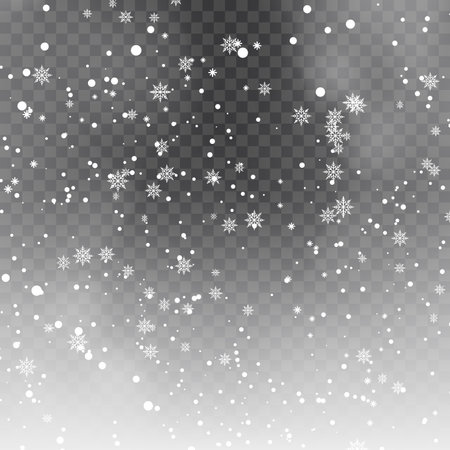 Snowfall, snowflakes in different shapes and forms. New Year and Christmas background with falling snowflakes on transparent. Vector illustrationのイラスト素材