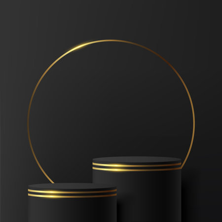 Abstract dark 3d room with set of black and golden realistic cylinder pedestal podium in luxury style. 3d podium with luxury geometric forms set scene. Vector illustrationのイラスト素材