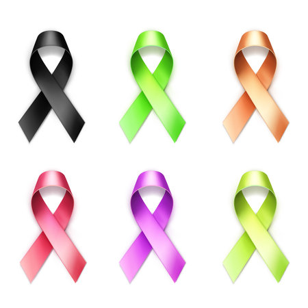 Six awareness ribbons in various colors, arranged in two rows. Vector illustrationのイラスト素材