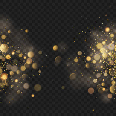 Gold glitter and bokeh lights on a transparent dark background. Vector illustrationのイラスト素材