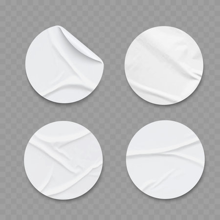 Realistic Round White Paper Stickers with Peel Effect and Wrinkles. Vector Illustrationのイラスト素材