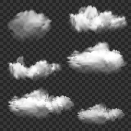 Realistic White Smoke and Cloud Shapes Set. Transparent Overlay. Vectorのイラスト素材