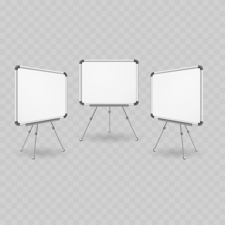 Realistic Whiteboard Mockup Set on Tripod. Vector Blank Dry Erase Presentation Board on Easel Stand