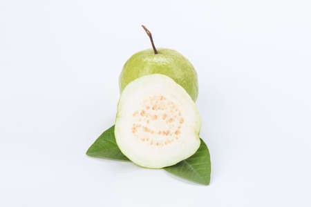 White guava slice with leaf isolated on white backgroundの写真素材