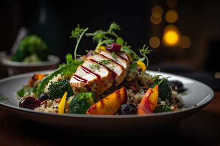 Roast chicken with quinoa and vegetables on a dark background.の素材