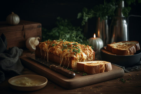 Bread with cheese and herbs on a wooden background. Toned.の素材