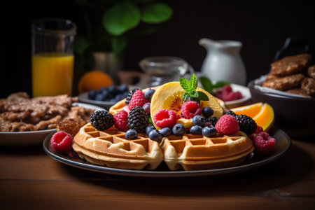 Breakfast with waffles, berries and orange juice on wooden tableの素材