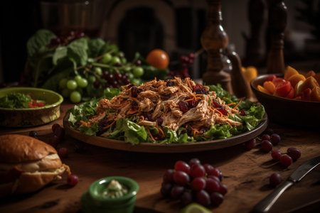 Tuna salad with fresh fruits and vegetables served on a wooden tableの素材