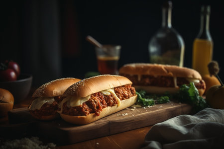 Homemade hamburger with bolognese sauce on wooden boardの素材