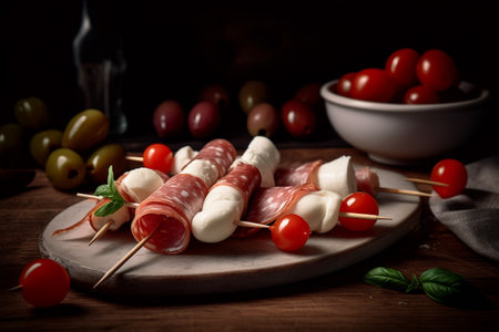 Skewers with salami, mozzarella and tomatoesの素材