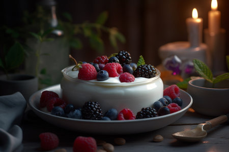 Greek yoghurt with fresh berries on a wooden table. Selective focus.の素材