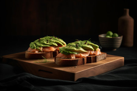 Sandwiches with salmon and avocado on wooden board over dark backgroundの素材