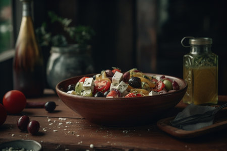 Greek salad with feta cheese, tomatoes, olives and herbsの素材