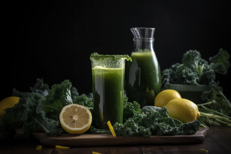 Green smoothie with kale, spinach and lemon on a wooden tableの素材