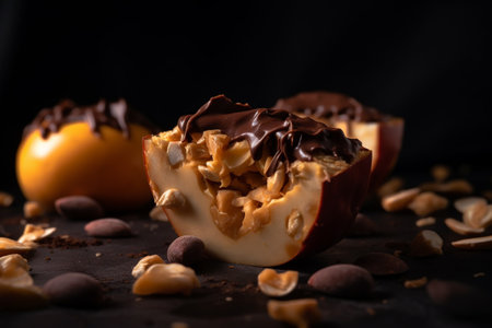 Chocolate pralines with nuts on black background, closeupの素材