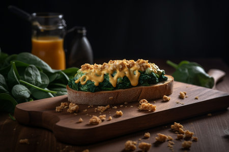 Bread with spinach and scrambled eggs on a wooden table. Selective focus.の素材