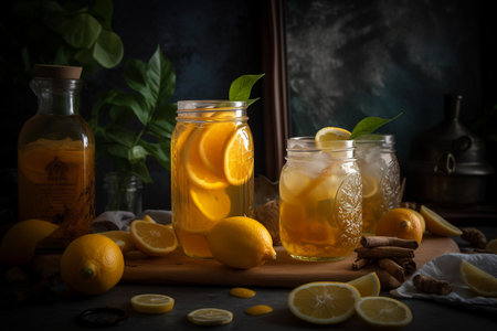 Homemade lemonade with fresh lemons, ginger and cinnamon on dark backgroundの素材