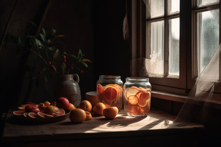 Still life with glass jars of compote of fresh citrus fruits on rustic wooden tableの素材