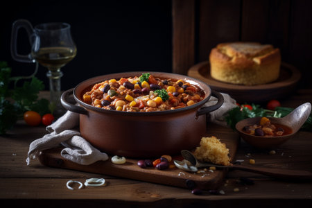 Chili con carne in clay pot on wooden background, selective focusの素材