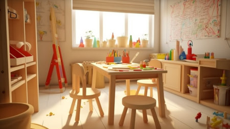 Child playroom with wooden table and chairs. Blurred background.の素材
