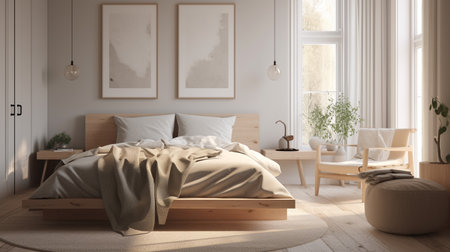 Interior of modern bedroom with beige walls, wooden floor, comfortable king size bed and armchair. 3d renderingの素材
