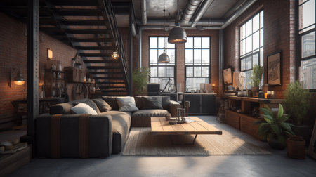 living room with sofa and coffee table in loft styleの素材