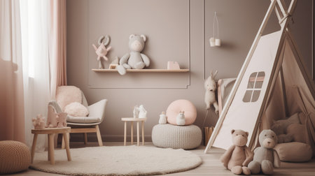 Baby room interior with wooden furniture, teddy bear and toys.の素材