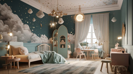 Children's bedroom in pastel colors with toys and decorationsの素材