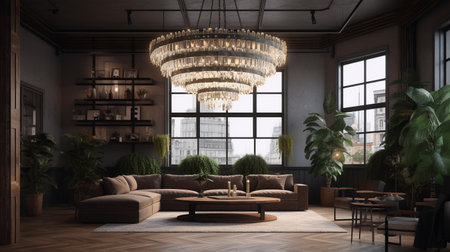 Interior of modern living room with brown sofa, 3d renderの素材