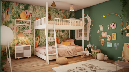 Children's room with a wooden bunk bed in a children's roomの素材