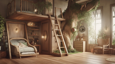 Interior of a children's room with a wooden staircase and a swing.の素材