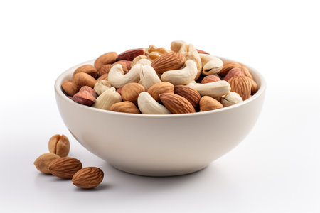 Mix nuts in bowl isolated on white background. Healthy food concept.の素材