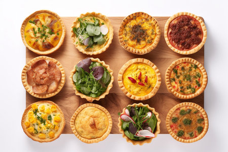 Tartlets with meat, vegetables and cheese on a white backgroundの素材
