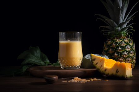 Pineapple smoothie in a glass on a black background.の素材